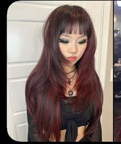 Middle Bangs Hairstyles, Black Hair With Red Money Piece, Red Gradient Hair, Braids Men Black, Brown To Pink Balayage, Red Hair Streaks, Black And Red Hair, Red Hair Tips, Pink Balayage