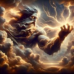 a painting of a man with his hands up in the air, surrounded by clouds and lightning