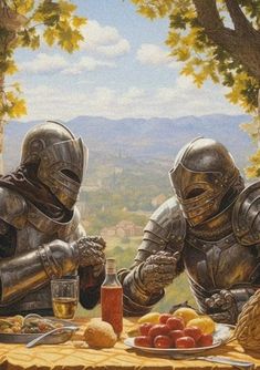 two knights sitting at a table with food and drinks in front of them, looking out into the distance