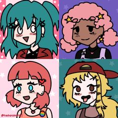 four cartoon girls with different colored hair and one is wearing a baseball cap, the other has