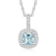 Ross-Simons - .80ct Aquamarine Pendant Necklace, .27ct t. w. Diamonds. 18". Bright and beautiful, this glamorous pendant necklace spotlights a .80 carat square cushion-cut aquamarine amid .27 ct. t. w. round brilliant-cut diamonds that light up like a marquee. Finely crafted in polished 14kt white gold and suspended from a rope chain. Springring clasp, diamond and aquamarine pendant necklace. Aquamarine birthstones are the perfect gift for March birthdays. March Birthdays, Aquamarine Birthstone, March Birthday, Aquamarine Pendant, Bright And Beautiful, Rope Chain, Round Brilliant Cut Diamond, Cushion Cut, Round Brilliant