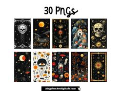 an image of halloween themed cards with the words 30 pngs on each card