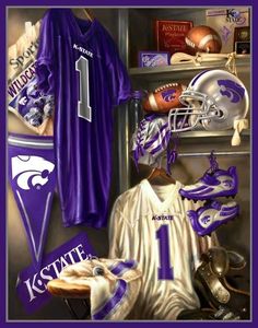 the kansas state football uniform and helmet are on display in a room with other sports memorabilia