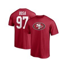 It's not truly game time until Nick Bosa takes the field. Show your excitement to watch your favorite San Francisco 49ers star in action with this Player Icon Name and Number T-shirt from Fanatics Branded. It features the team's logo printed across the chest and Nick Bosa graphics with faux mesh numbers on the back. The cotton fabric also gives this crew neck San Francisco 49ers shirt a lightweight, comfortable feel.It's not truly game time until Nick Bosa takes the field. Show your excitement t Red Tops With Team Name For Football Season, Team-colored Tops For Football Season Fan Events, Red Tops For Football Season Sports Events, Red Tops For Sports Events During Football Season, Red Tops With Team Logo For Football Season, Team-colored Tops For Sports Season Fan Events, Collegiate Red Tops For Team Events, Red Sports Fan Tops For Team Events, Red Tops With Team Logo For Team Events