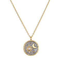 A celestial night sky shines in 18k gold plate against a gunmetal background, creating a meaningful pendant necklace. A pearl accent, June's birthstone, symbolizes innocence, beauty and foresight. Set on a 16" chain, this birthstone necklace has an extender finished with a sparkling gold star for added length and delicate detail. 16" with 3" extension chain Pendant size: 16MM 18KT Gold/Gun Metal Plated Brass Satya Jewelry, Sun And Moon Necklace, Space Cadet, Turquoise Accents, Celestial Jewelry, Gold Star, February Birth Stone, Moon Necklace, June Birth Stone