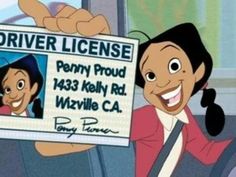 a cartoon character holding up a driver license card for her friend, penny from the jets