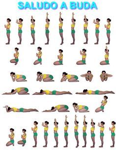 a woman doing yoga poses in various positions with the words salud a buda above her