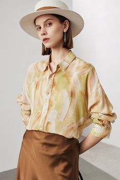 Fibflx Women's Oversized Floral Print Pure Mulberry Silk Blouse Naples Yellow, Sophisticated Wardrobe, Summer Palette, Floral Long Sleeve Shirt, Chic Shirts, Wardrobe Style, Silk Crepe, Long Sleeve Polo, Mulberry Silk