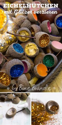 an assortment of glitters and spoons on a table with text overlaying the image