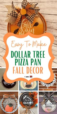 easy to make dollar tree pizza pan fall decor with pumpkins, leaves and ribbons