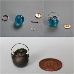 three pictures of teapots and other items including a penny