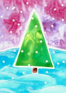 a painting of a green christmas tree in the middle of blue water with snow flakes