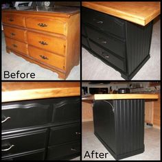 before and after photos of an old dresser turned into a kitchen island with wood top