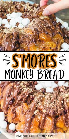 s'mores monkey bread on a plate with marshmallows and chocolate drizzle