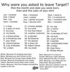 a sign that says, why were you asked to leave target? pick the month and date you're born then pick the color of your shirt