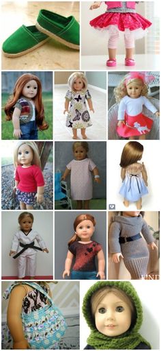 many dolls are shown with different outfits and shoes