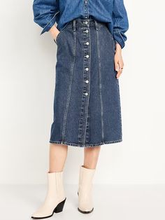 High-Waisted Jean Midi Skirt | Old Navy Jean Midi Skirt, Family Maternity, Family Pajamas, Back Patch, High Waist Jeans, Toddler Boys, Old Navy, Midi Skirt, High Waisted