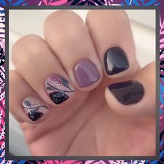 Gel Manicure Ideas For Short Nails Purple, Purple Fall Nails Short, Fall Gel Nails Purple, Purple Fall Nail Art, Gel Manicure Designs Short Nails, Black And Purple Gel Nails Short, Purple Holiday Nails, Fun Purple Nails, Black Nails With Purple Accent Nail