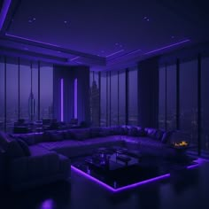 a living room filled with furniture and large windows covered in purple lights at night time