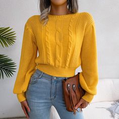 Ryder - Yellow Braided Knit Top - Model Mannequin Lantern Sleeve Sweater, Cropped Knit Sweater, Sleeves Clothing, Winter Tops, Round Neck Sweaters, Yellow Sweater, Knitting Women Sweater, Lantern Sleeve, Outfit Casual