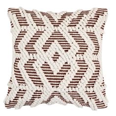 a brown and white pillow with braiding on the front, sitting on a white background