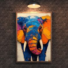 an elephant painted on a brick wall in front of a light fixture with the colors of orange, blue and yellow