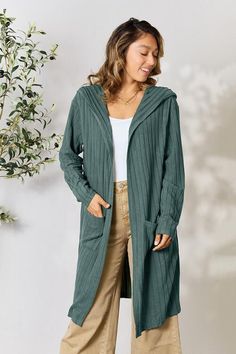 Hood Ribbed Long Cardigan - Global Village Kailua Boutique Gilet Long, Air Force Blue, Comfy Chic, Baywatch, Ribbed Cardigan, Hooded Cardigan, Sleeve Cardigan, Hooded Sweater, Cardigan Jacket