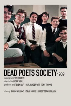 a group of men sitting next to each other in front of a poster that says dead pots society