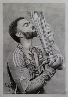 a pencil drawing of a man holding up some baseball bats in his right hand and looking up at the sky