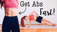 a woman doing an exercise with the words get abs fast