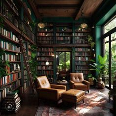 library with high ceilings and wooden bookshelves. glass wall with a view of greenery nature. Houses With Libraries, Library In House Modern, Dark Cozy Library, Library In House Aesthetic, Witchy Home Library, Grand Home Library, Estate Library, Dark Green Home Library, Library Style Bedroom