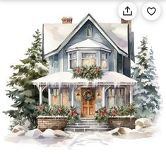 a watercolor painting of a house with wreaths on the front door and windows