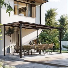 an outdoor dining area with table and chairs under a pergolated roof over a patio