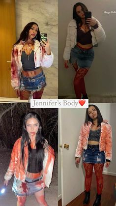 four different pictures of women in short skirts and jackets, one wearing an orange jacket