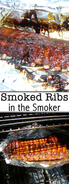 bbq ribs cooking in the smoker with text overlay that reads, smoked ribs in the smoker