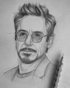 a pencil drawing of a man with glasses