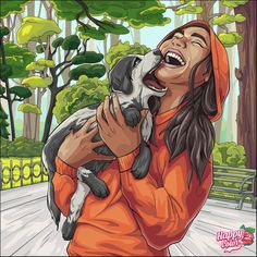 a woman in an orange hoodie holding a dog