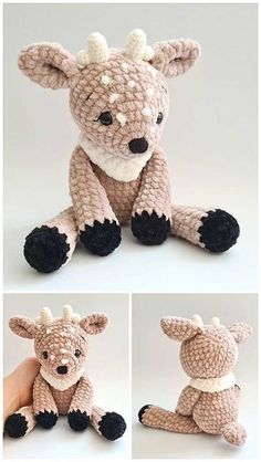 three pictures of a stuffed animal that looks like a baby deer