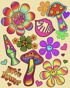 an assortment of colorful stickers with flowers and hearts on the bottom, including one for each