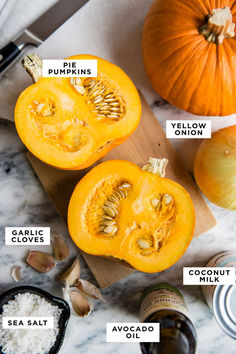 Pump pumpkin soup ingredients. pumpkin, Onion, coconut milk, sea salt, garlic cloves, Avocado oil. Vegan Pumpkin Soup Recipe, Vegan Pumpkin Soup, Pumpkin Vegetable, Easy Green Smoothie, Pumpkin Soup Recipe, Plant Based Dinner, Mexican Spices, Vegan Soup Recipes, Vegan Pumpkin