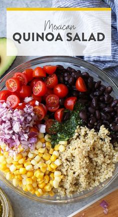 mexican quinoa salad with black beans, tomatoes, corn and avocado