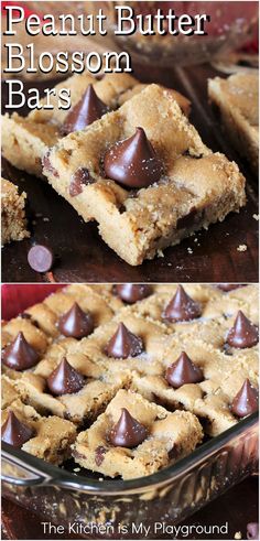 Squares of Peanut Butter Blossom Bars on cutting board and in pan Peanut Butter Blossom, Peanut Butter Blossom Cookies, Peanut Butter Blossoms, Dessert Bar Recipe, Lost 100 Pounds, Peanut Butter Desserts, Cookie Bar Recipes, Cookie Inspiration