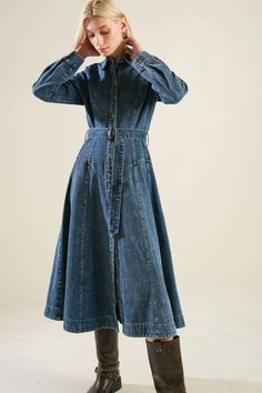 A washed denim midi dress featuring shirt collar, long sleeve, button down with self belt and full skirt 92% COTTON 8%POLYESTER Chic Belted Button-up Denim Dress, Chic Medium Wash Belted Denim Dress, Belted Midi Denim Dress For Work, Knee-length Washed Blue Denim Dress For Fall, Spring Collared Belted Denim Dress, Fall Knee-length Washed Blue Denim Dress, Chic Washed Long Sleeve Denim Dress, Chic Washed Blue Denim Dress For Fall, Denim Blue Collared Dress For Fall