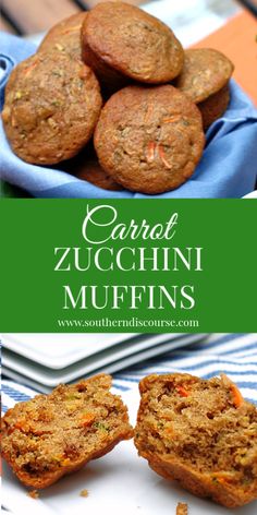 carrot zucchini muffins on a plate with the words carrot zucchini muffins