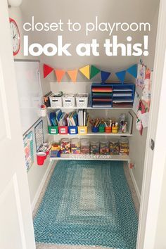 an open closet with toys and other items on the shelves that says close to playroom look at this