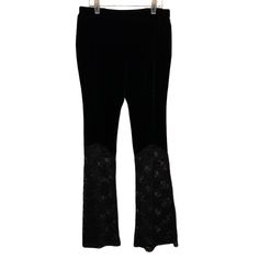 Elegant Black Velvet Pants With Lace Flare, Perfect For A Chic Look. These Boot Cut Pants Add A Touch Of Sophistication To Any Outfit. Waist: 15” Flat. 16” Stretched Rise: 10” Inseam: 33” Evening Pants With Lace Trim, Fitted Bottoms With Lace Trim For Fall, Fitted Bottoms With Lace Trim For Evening, Fitted Lace Trim Bottoms For Evening, Fitted Black Pants With Lace Trim, Fitted Formal Bottoms With Lace Trim, Chic Black Pants With Lace Trim, Elegant Stretch Pants With Lace Trim, Black Velvet Boots