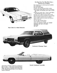 an advertisement for the lincoln continental sedan and other car models, from 1971 to 1970