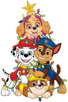 cartoon dogs with christmas lights and decorations on their heads, sitting in front of a white background