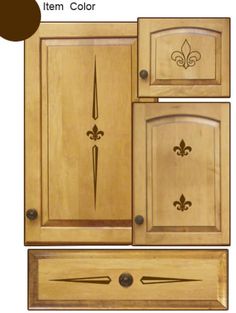 an image of kitchen cabinets with fleur de lis designs on the doors and drawers