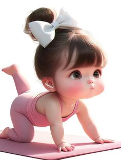 a baby girl with a white bow on her head is doing push ups while wearing pink leggings